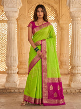 MIMOSA Parrot Green Mysore Silk crepe Saree — Full view on mannequin