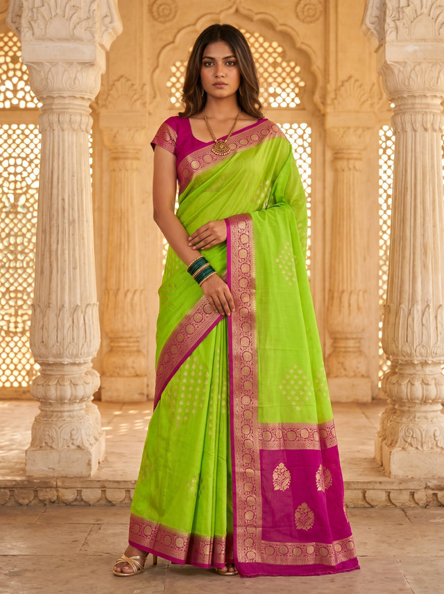 MIMOSA Parrot Green Mysore Silk crepe Saree — Full view on mannequin