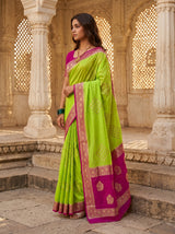 MIMOSA Parrot Green Mysore Silk crepe Saree — Model pose on stairs