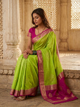 MIMOSA Parrot Green Mysore Silk crepe Saree — pose 8 styling detail
