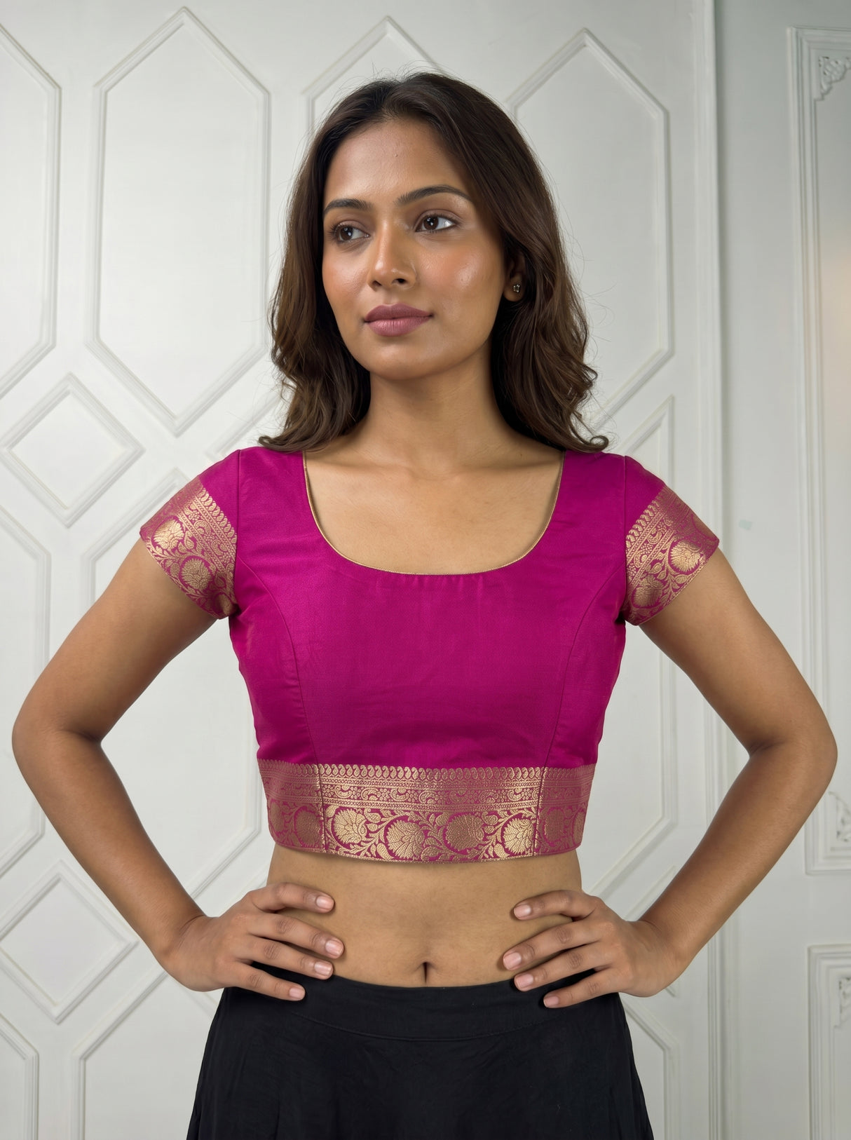 MIMOSA Parrot Green Mysore Silk crepe Saree — blouse close-up