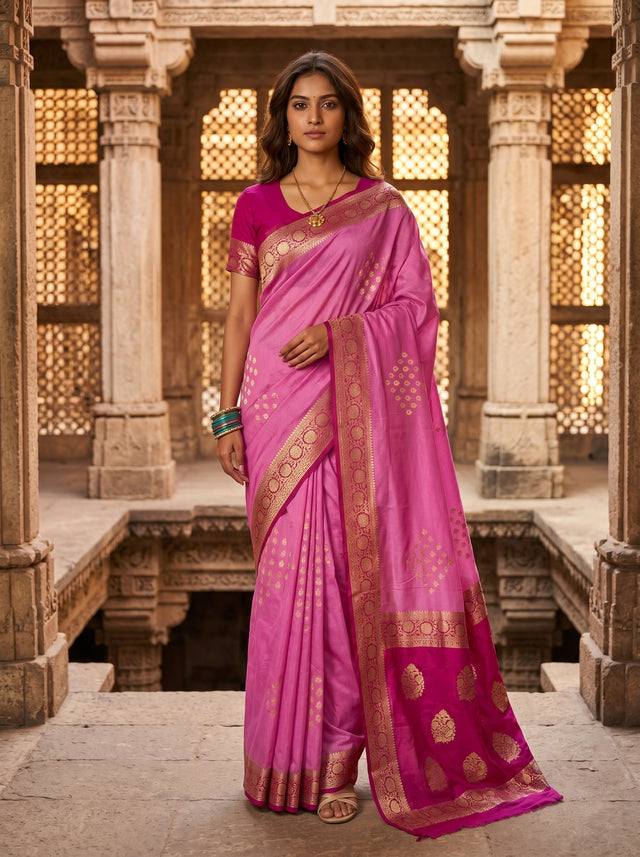 MIMOSA Pink Mysore Silk crepe Saree — Full view on mannequin