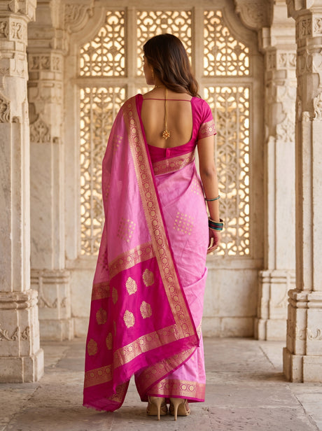 MIMOSA Pink Mysore Silk crepe Saree — Blouse piece detail