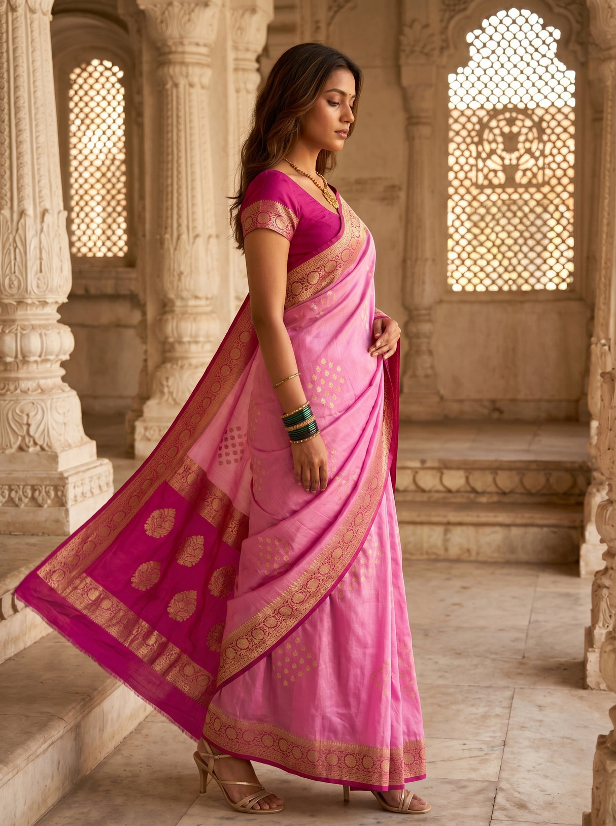 MIMOSA Pink Mysore Silk crepe Saree — Model pose on stairs