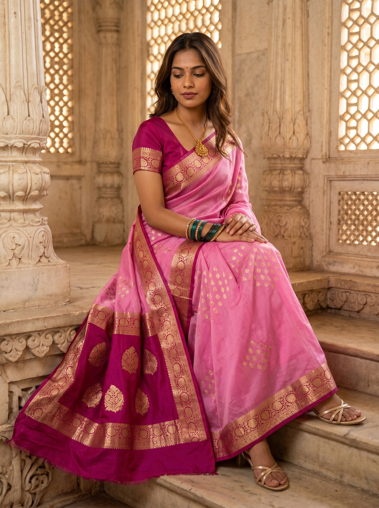 MIMOSA Pink Mysore Silk crepe Saree — pose 8 styling detail