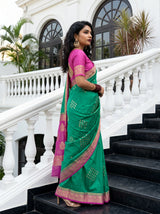 MIMOSA Rama Mysore Silk crepe Saree — Model pose on stairs