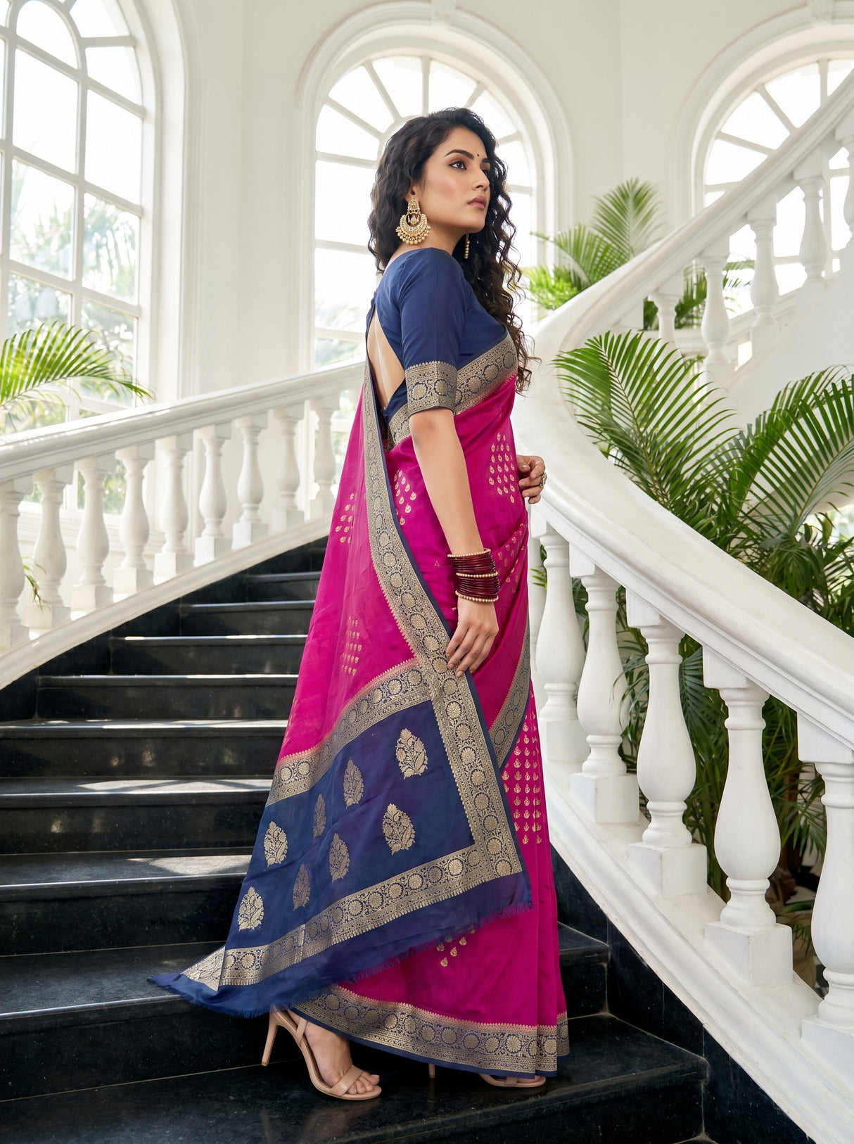 MIMOSA Rani Mysore Silk crepe Saree — Model pose on stairs