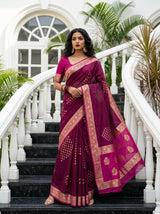 MIMOSA Wine Mysore Silk crepe Saree — Full view on mannequin