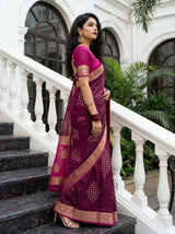 MIMOSA Wine Mysore Silk crepe Saree — Model pose on stairs