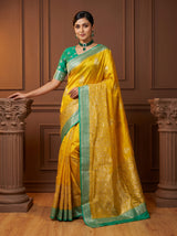 MIMOSA Gold Banarasi Linen Saree - Front View on Mannequin