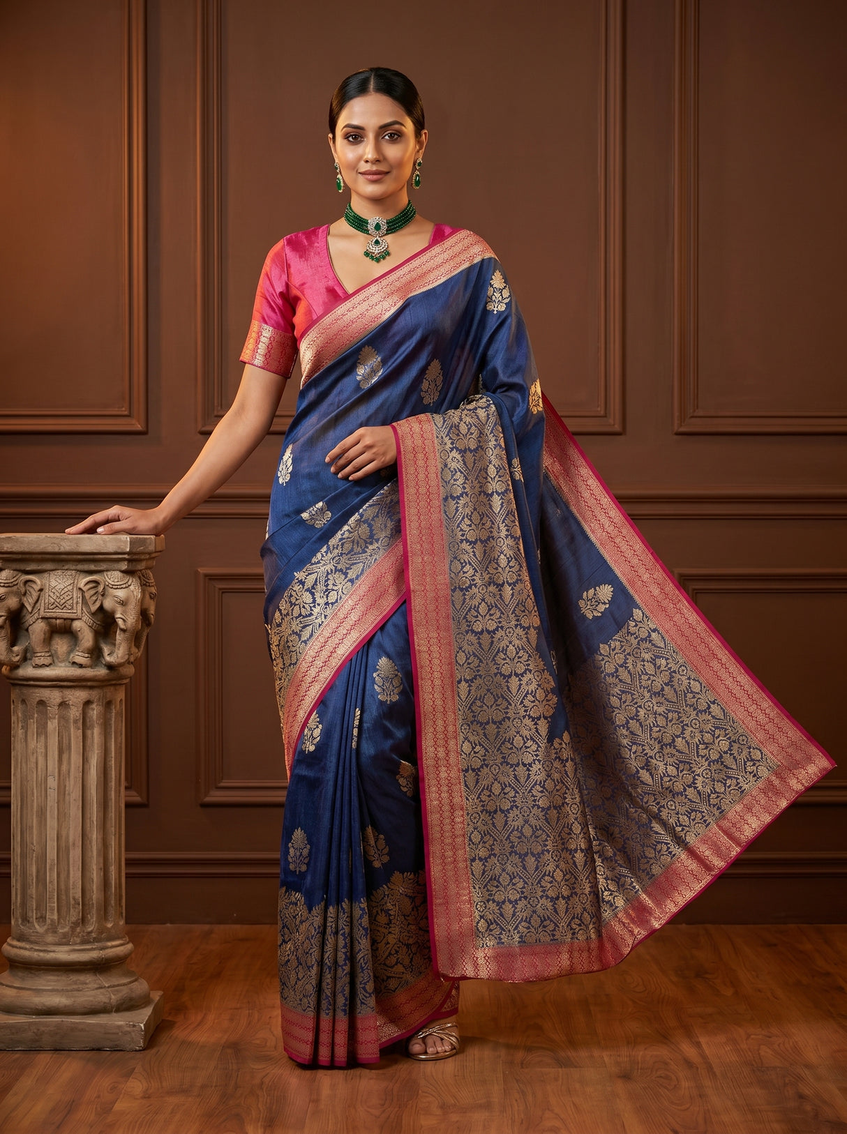 MIMOSA Navy Banarasi Linen Saree - Front View on Mannequin