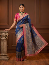 MIMOSA Navy Banarasi Linen Saree - Front View on Mannequin