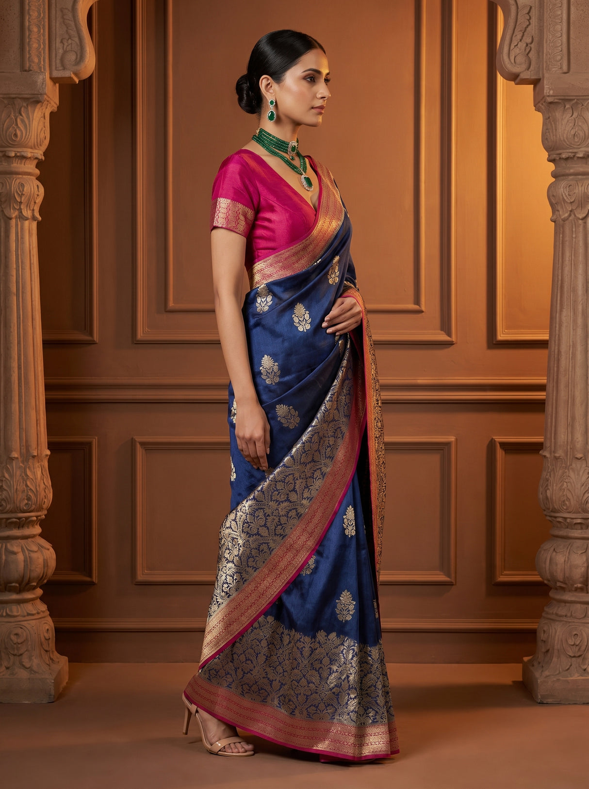 MIMOSA Navy Banarasi Linen Saree - Blouse Piece Detail