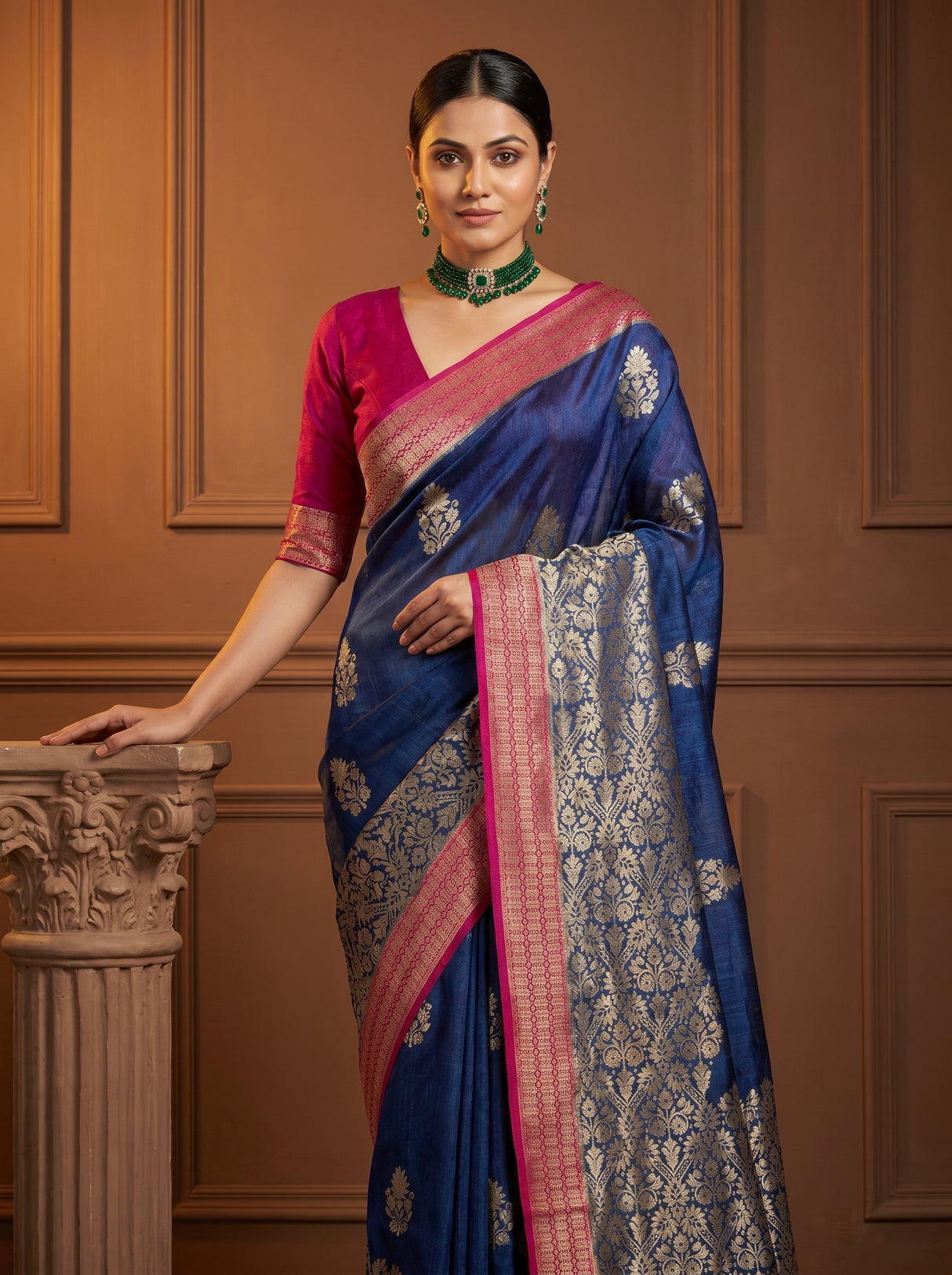 MIMOSA Navy Banarasi Linen Saree - Full View on Model