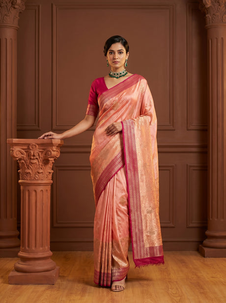 MIMOSA Peach Banarasi Linen Saree - Front View on Mannequin
