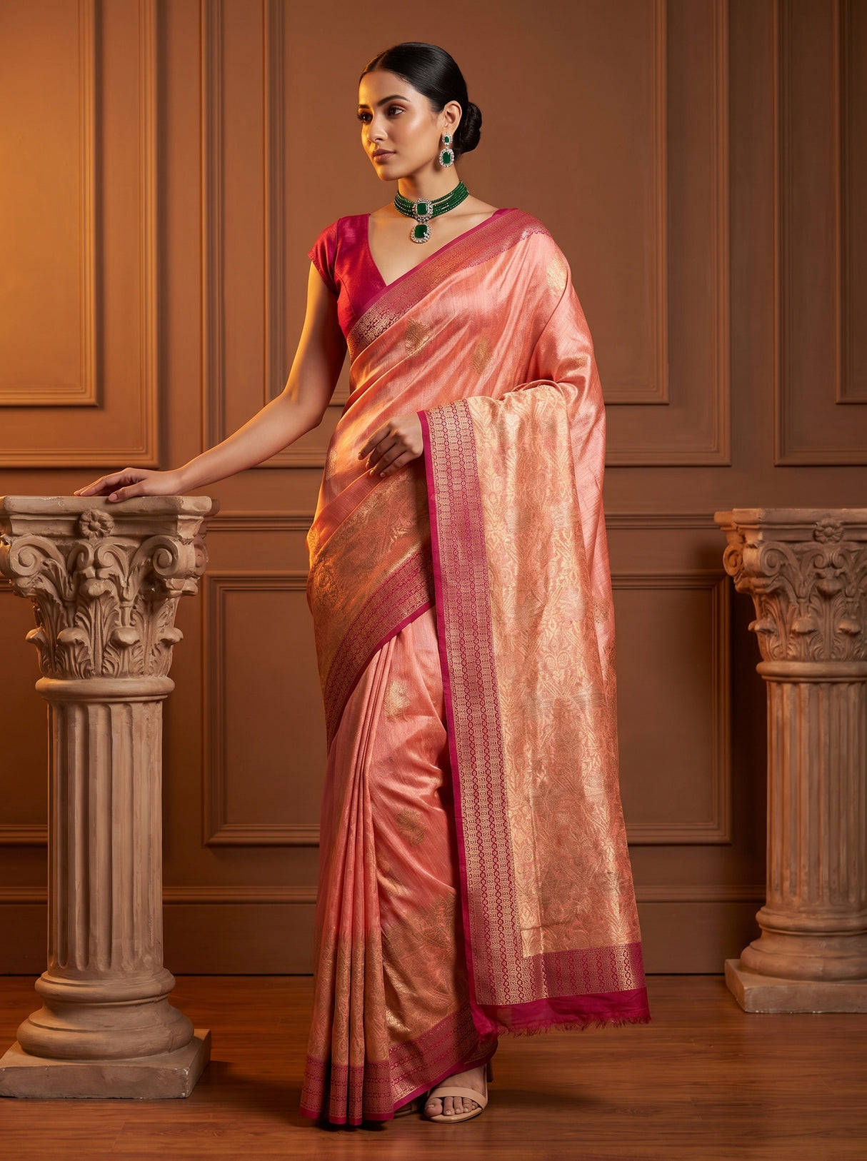 MIMOSA Peach Banarasi Linen Saree - Full View on Model