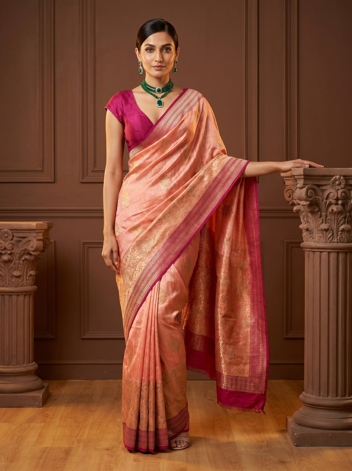 MIMOSA Peach Banarasi Linen Saree — pose 5 styling detail