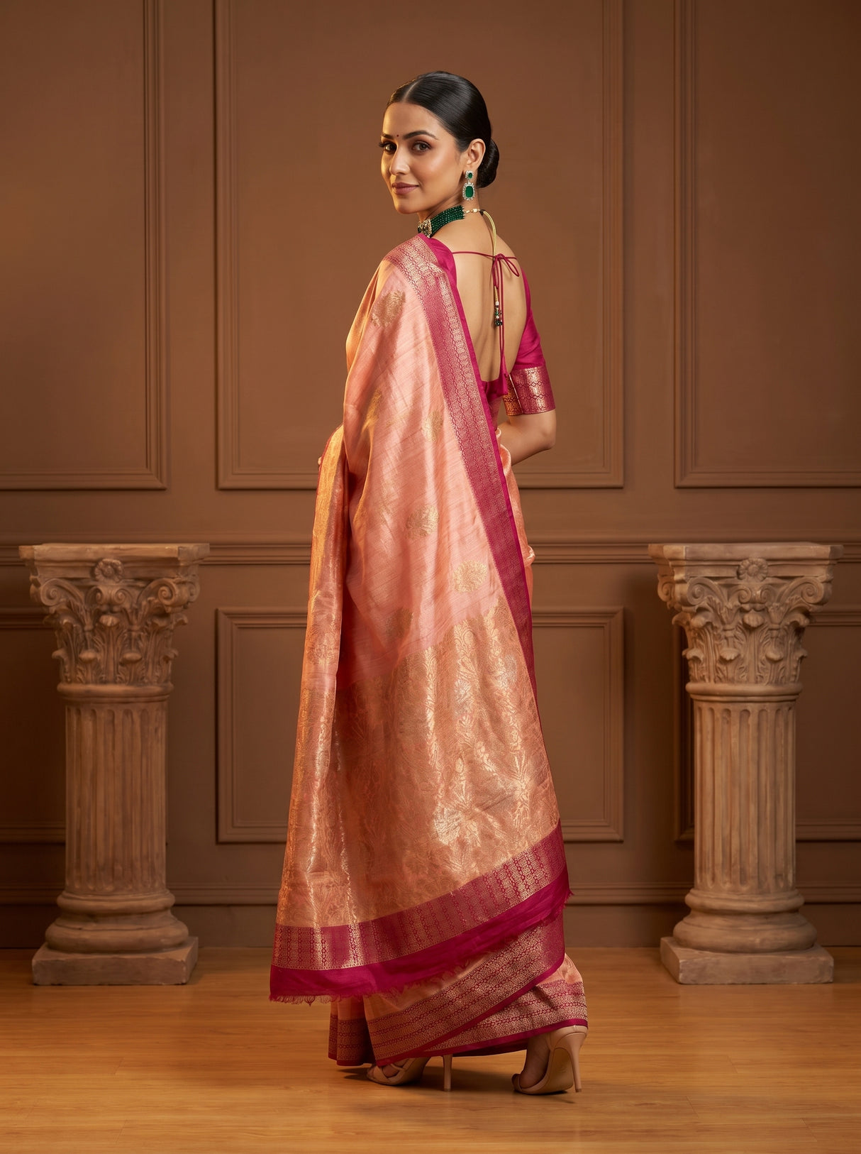 MIMOSA Peach Banarasi Linen Saree — pose 9 styling detail