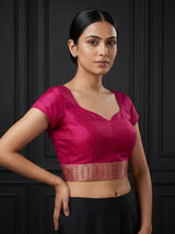 MIMOSA Peach Banarasi Linen Saree — blouse close-up