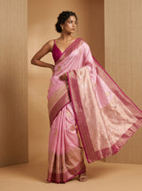 MIMOSA Pink Banarasi Linen Saree - Front View on Mannequin
