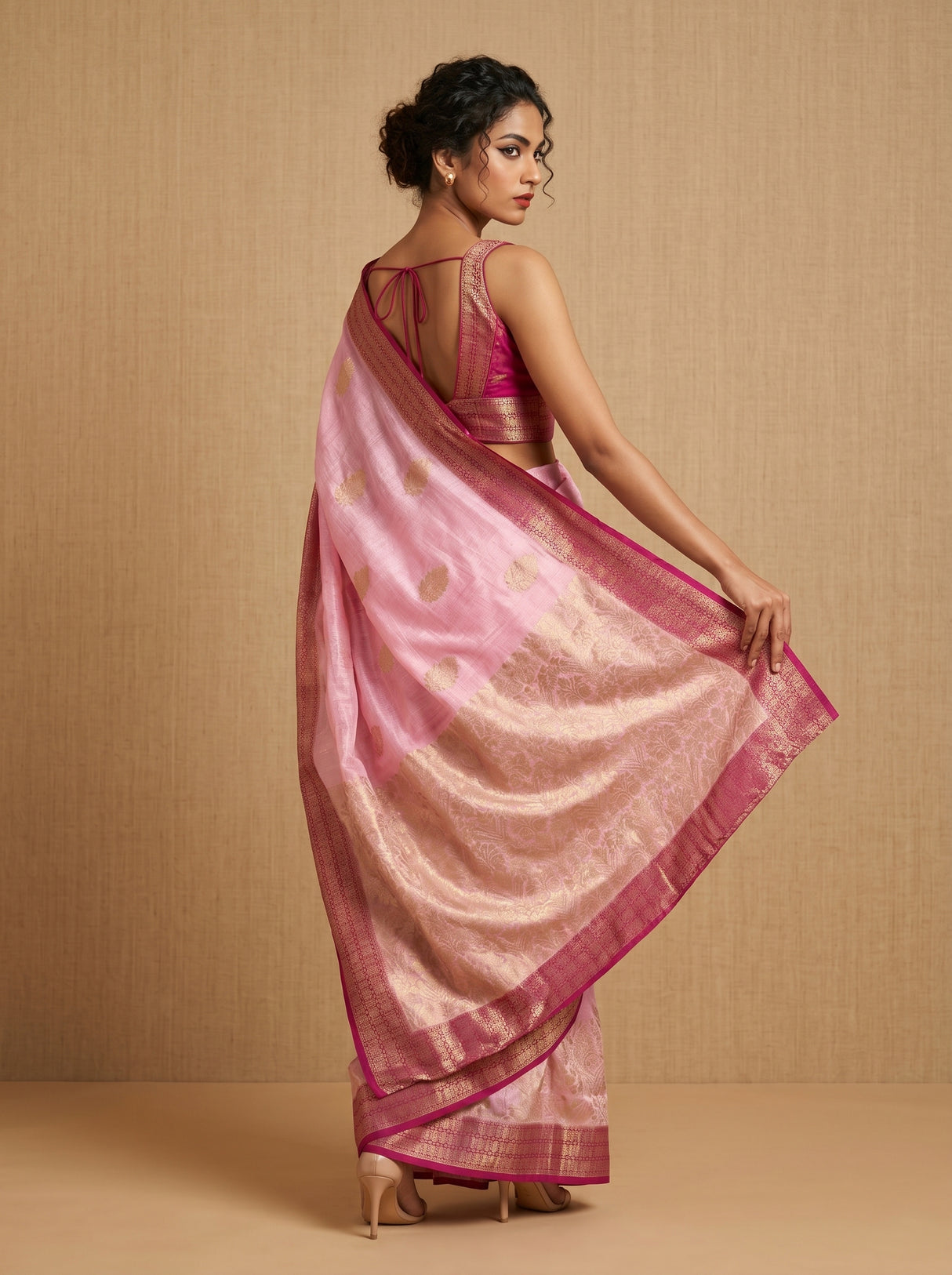 MIMOSA Pink Banarasi Linen Saree — pose 9 styling detail