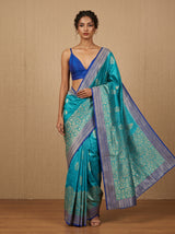 MIMOSA Saffire Banarasi Linen Saree - Front View on Mannequin