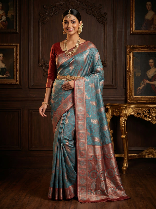 MIMOSA Royal Blue Kanjivaram Art silk Saree — Draped View