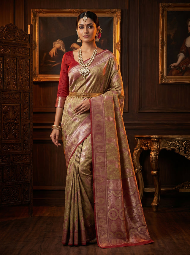 MIMOSA Pista Kanjivaram Art silk Saree — Draped View