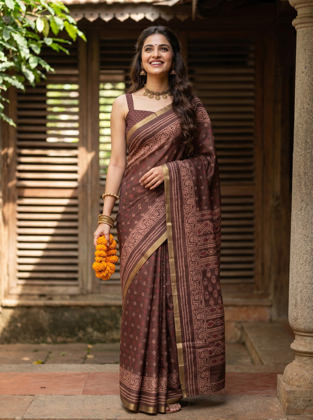 MIMOSA Chocolate Ajrak Linen Saree — Model lifestyle pose with flowers