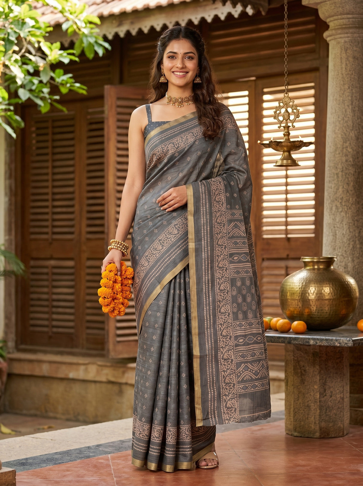 MIMOSA Grey Ajrak Linen Saree — Model lifestyle pose with flowers