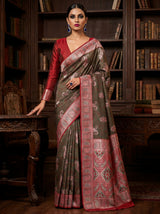MIMOSA Beige Kanjivaram Art silk Saree — Draped Mannequin View