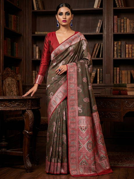MIMOSA Beige Kanjivaram Art silk Saree — Draped Mannequin View