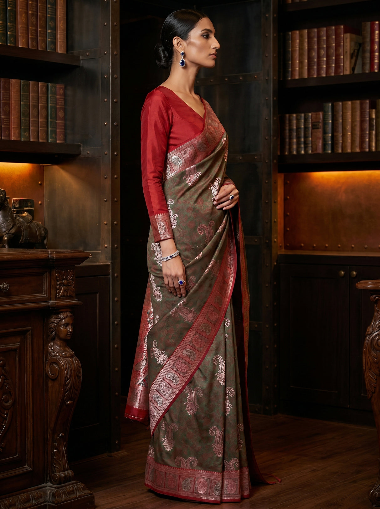 MIMOSA Beige Kanjivaram Art silk Saree — Model Pose