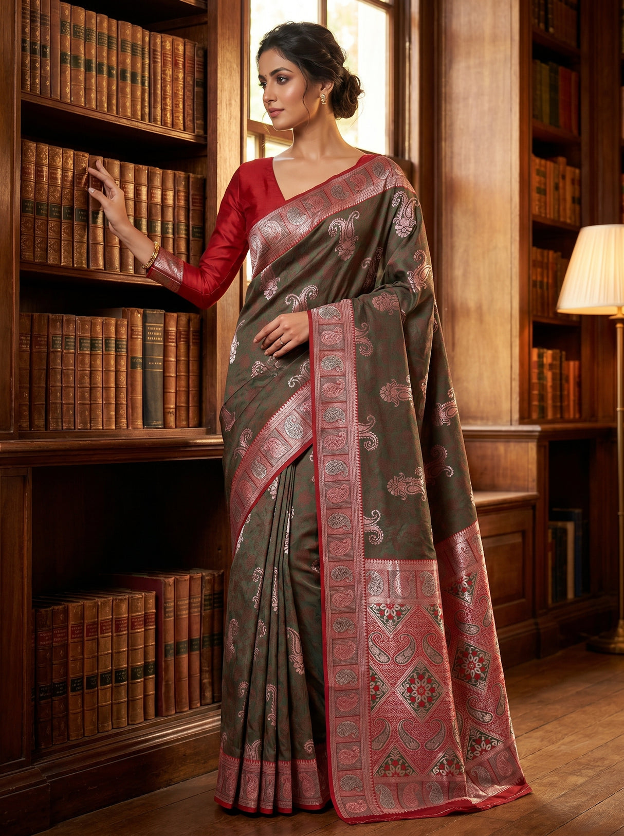 MIMOSA Beige Kanjivaram Art silk Saree — pose 4 styling detail