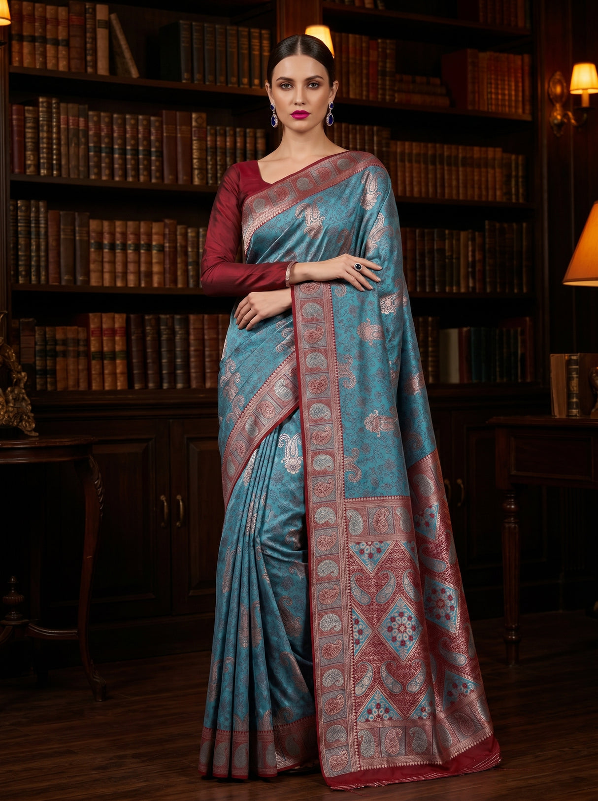 MIMOSA Royal Blue Kanjivaram Art silk Saree — Draped Mannequin View