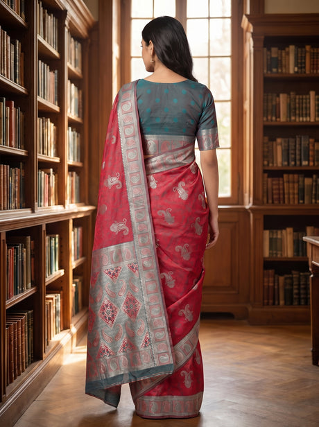 MIMOSA Gajari Kanjivaram Saree with contrast Ananda blouse Piece — Blouse and Border Detail