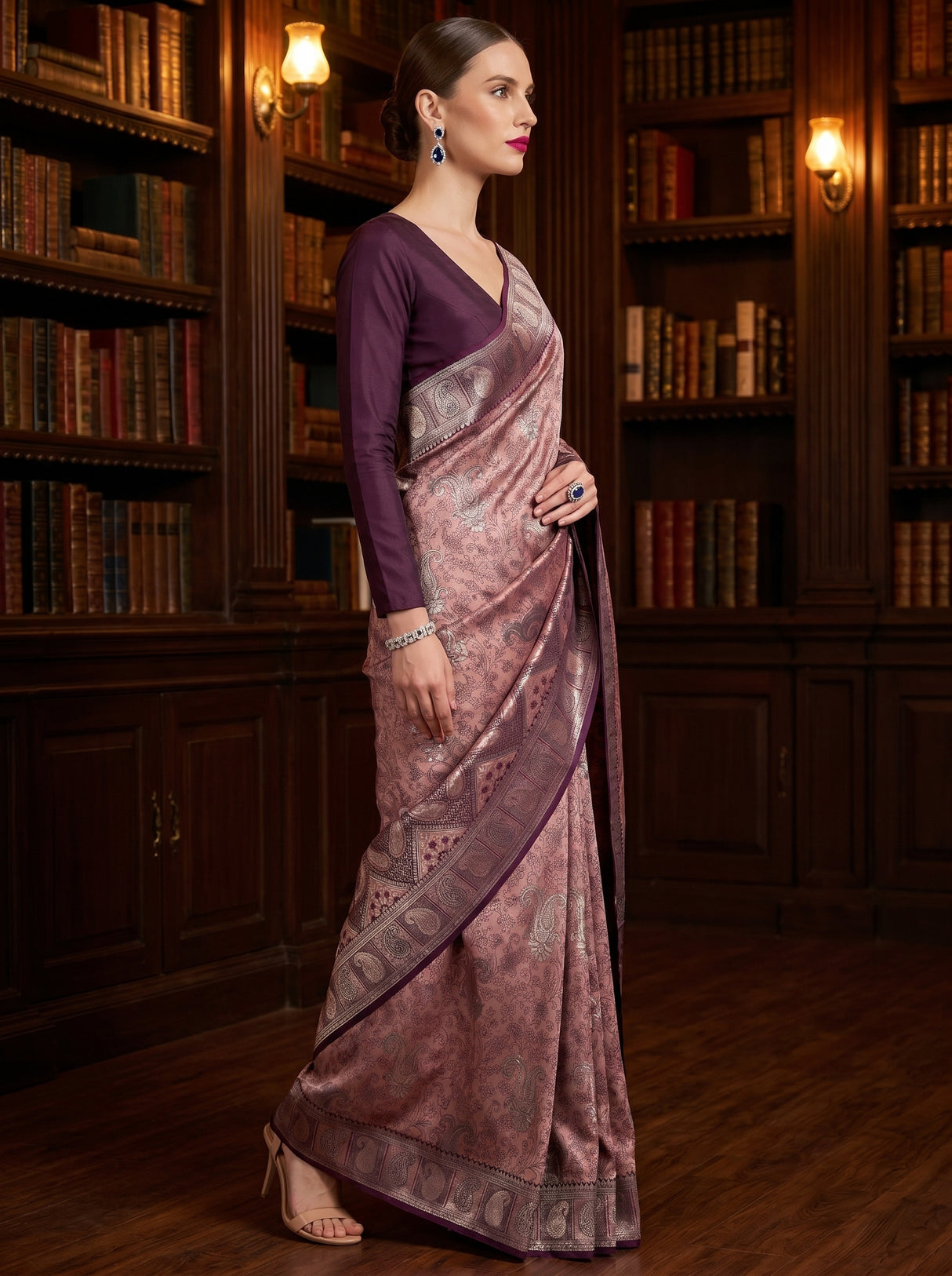 MIMOSA Pink Kanjivaram Saree with contrast Purple blouse Piece — Blouse and Border Detail
