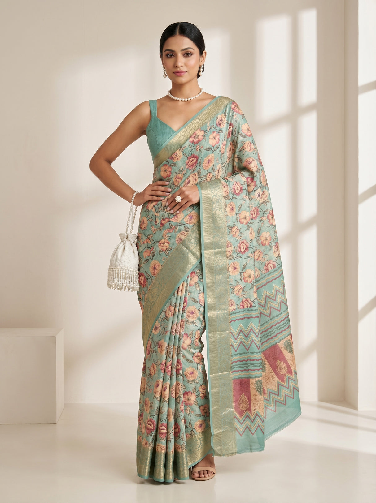 MIMOSA Ananda Kalamkari Saree — pose 4 styling detail