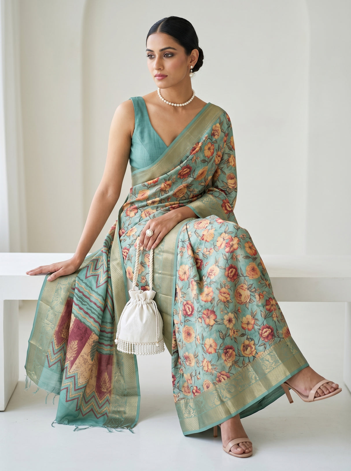 MIMOSA Ananda Kalamkari Saree — pose 8 styling detail