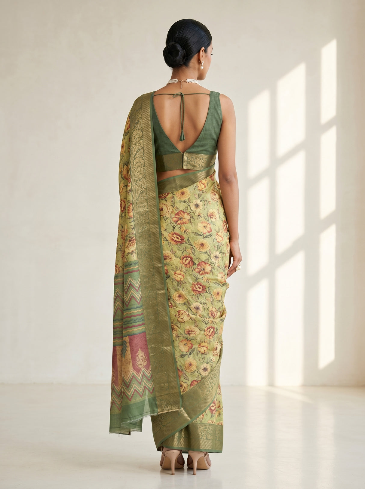 MIMOSA Pista Kalamkari Saree — pose 2 styling detail