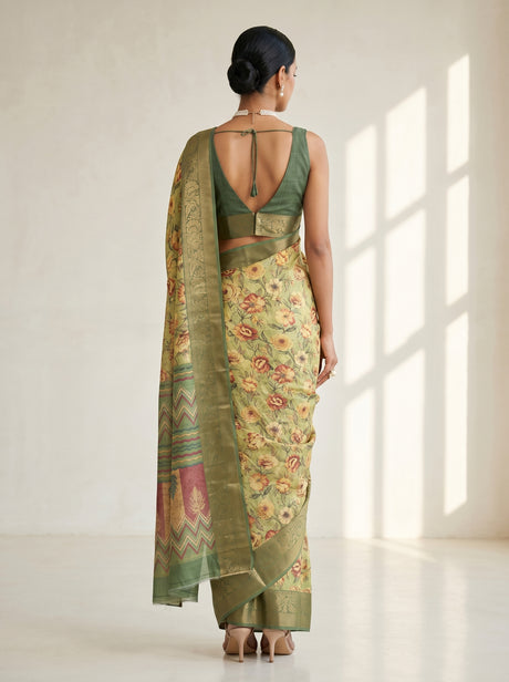 MIMOSA Pista Kalamkari Saree — pose 2 styling detail