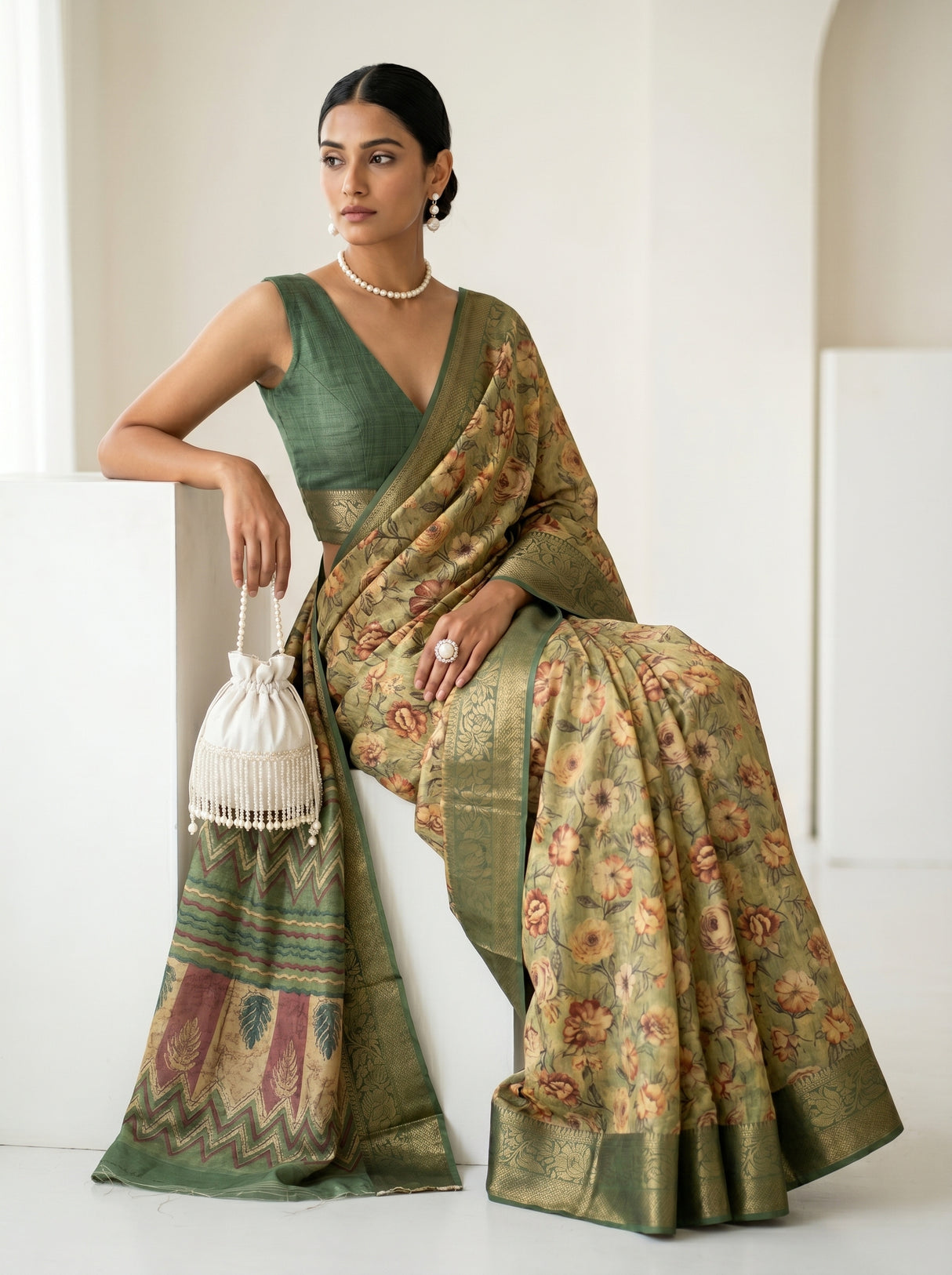 MIMOSA Pista Kalamkari Saree — pose 8 styling detail