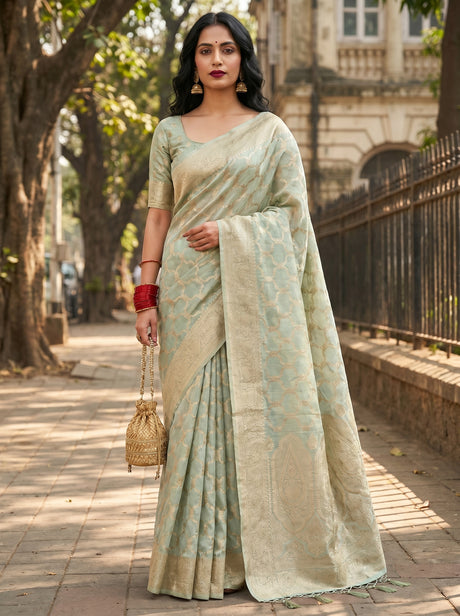 MIMOSA Grey Banarasi Art Silk Saree — Draped Mannequin View