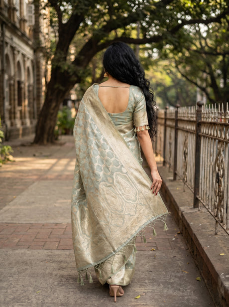 MIMOSA Grey Banarasi Art Silk Saree — Unstitched Blouse Fabric