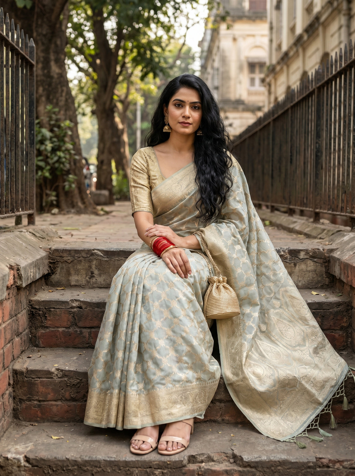 MIMOSA Grey Banarasi Art Silk Saree — pose 8 styling detail