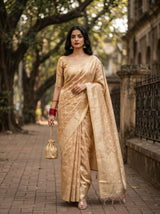 MIMOSA Peach Banarasi Art Silk Saree — Draped Mannequin View