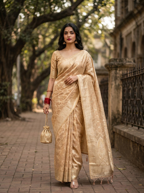 MIMOSA Peach Banarasi Art Silk Saree — Draped Mannequin View