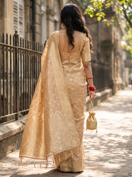 MIMOSA Peach Banarasi Art Silk Saree — Unstitched Blouse Fabric
