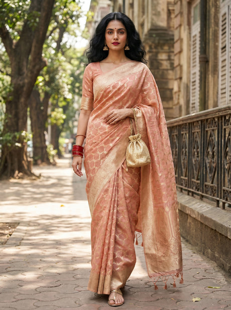 MIMOSA Pink Banarasi Art Silk Saree — Draped Mannequin View