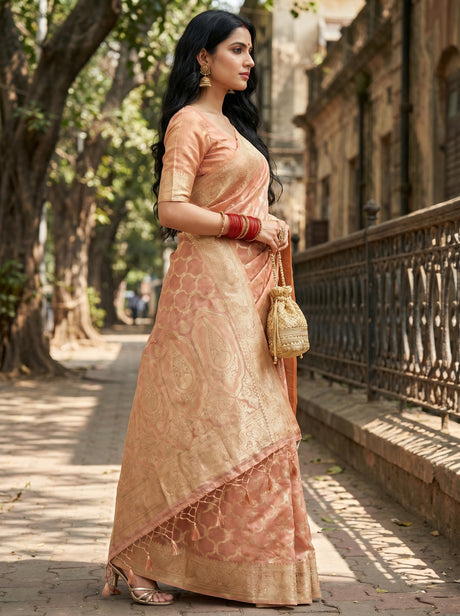 MIMOSA Pink Banarasi Art Silk Saree — Unstitched Blouse Fabric